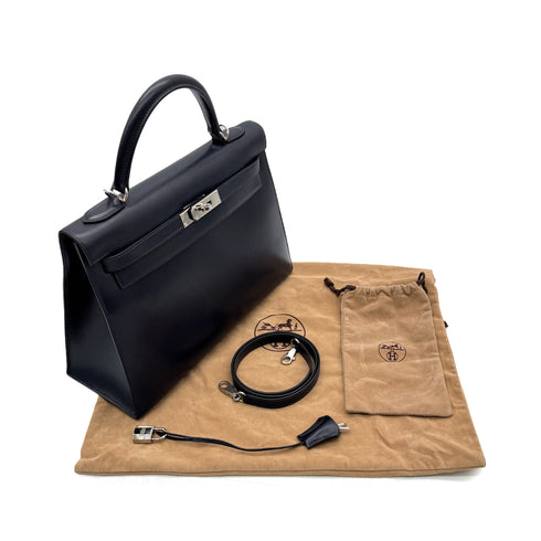 HERMES KELLY 32 SELLIER BLUE INDIGO BOXCALF HAND SHOULDER BAG □E SHW 90294204 - PURPOSE
