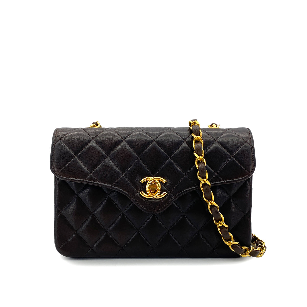 CHANEL VINTAGE MATELASSE MINI CHAIN SHOULDER BAG BROWN LAMB SKIN 90294375