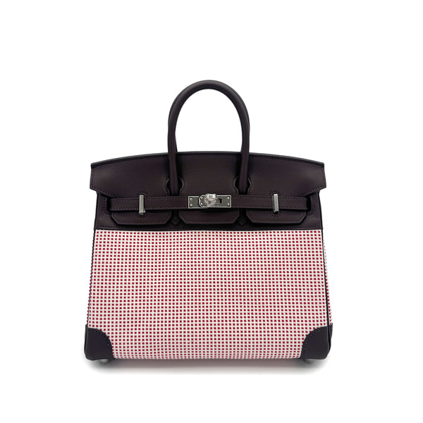 HERMES BIRKIN 25 ROUGE SELLIER ECRU FRAMBOISE VEAU SWIFT TOILE QUADRILLE HAND BAG B SHW 90294966 - PURPOSE