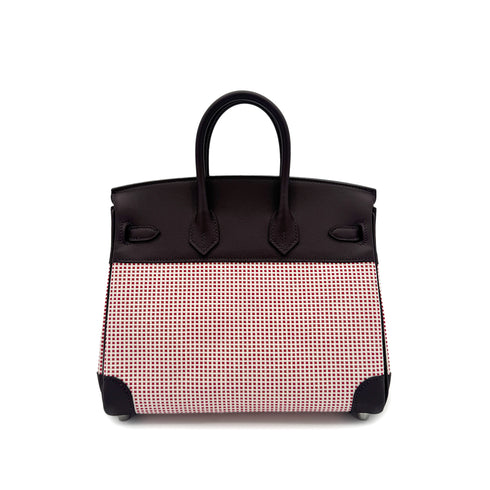 HERMES BIRKIN 25 ROUGE SELLIER ECRU FRAMBOISE VEAU SWIFT TOILE QUADRILLE HAND BAG B SHW 90294966 - PURPOSE