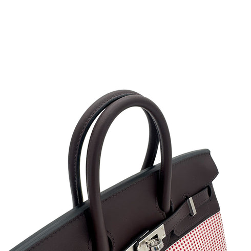 HERMES BIRKIN 25 ROUGE SELLIER ECRU FRAMBOISE VEAU SWIFT TOILE QUADRILLE HAND BAG B SHW 90294966 - PURPOSE