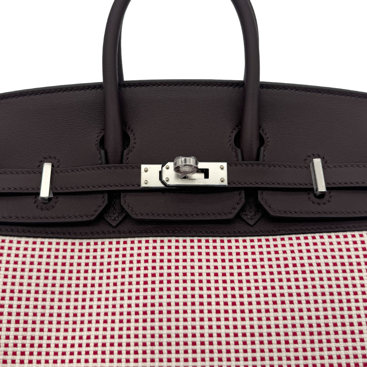 HERMES BIRKIN 25 ROUGE SELLIER ECRU FRAMBOISE VEAU SWIFT TOILE QUADRILLE HAND BAG B SHW 90294966