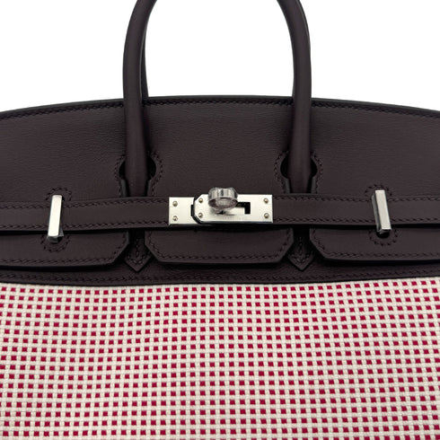 HERMES BIRKIN 25 ROUGE SELLIER ECRU FRAMBOISE VEAU SWIFT TOILE QUADRILLE HAND BAG B SHW 90294966 - PURPOSE
