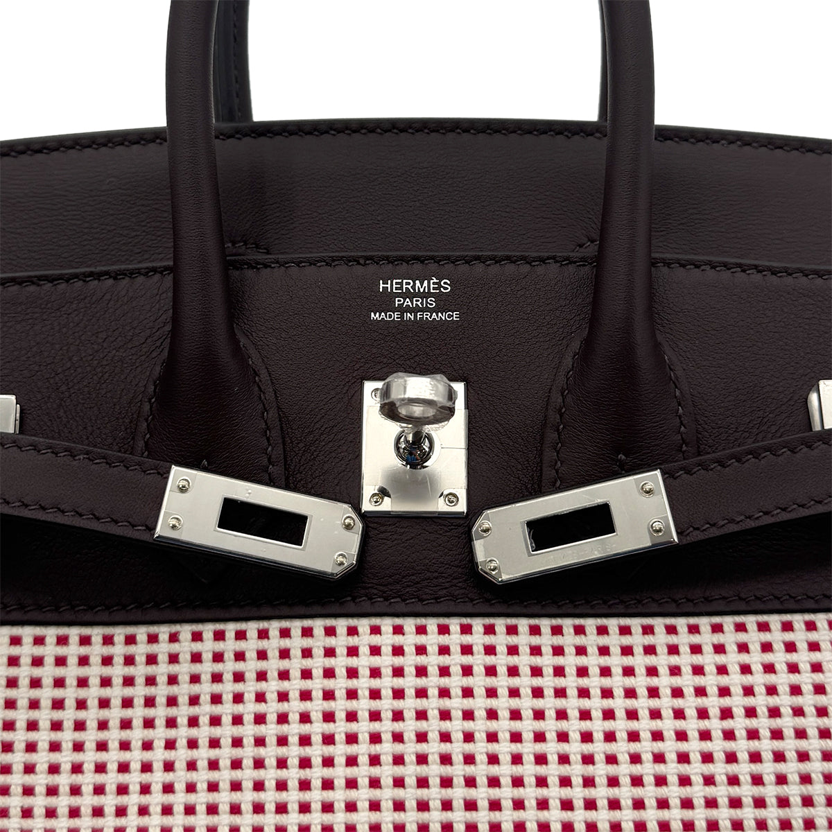 HERMES BIRKIN 25 ROUGE SELLIER ECRU FRAMBOISE VEAU SWIFT TOILE QUADRILLE HAND BAG B SHW 90294966