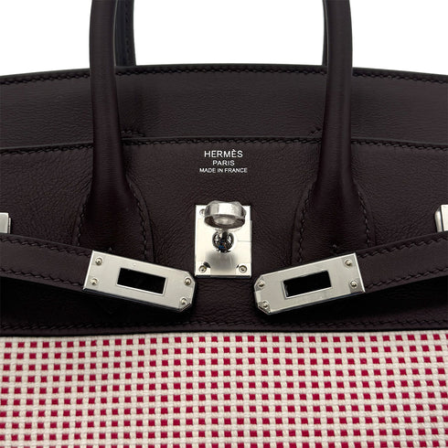 HERMES BIRKIN 25 ROUGE SELLIER ECRU FRAMBOISE VEAU SWIFT TOILE QUADRILLE HAND BAG B SHW 90294966 - PURPOSE