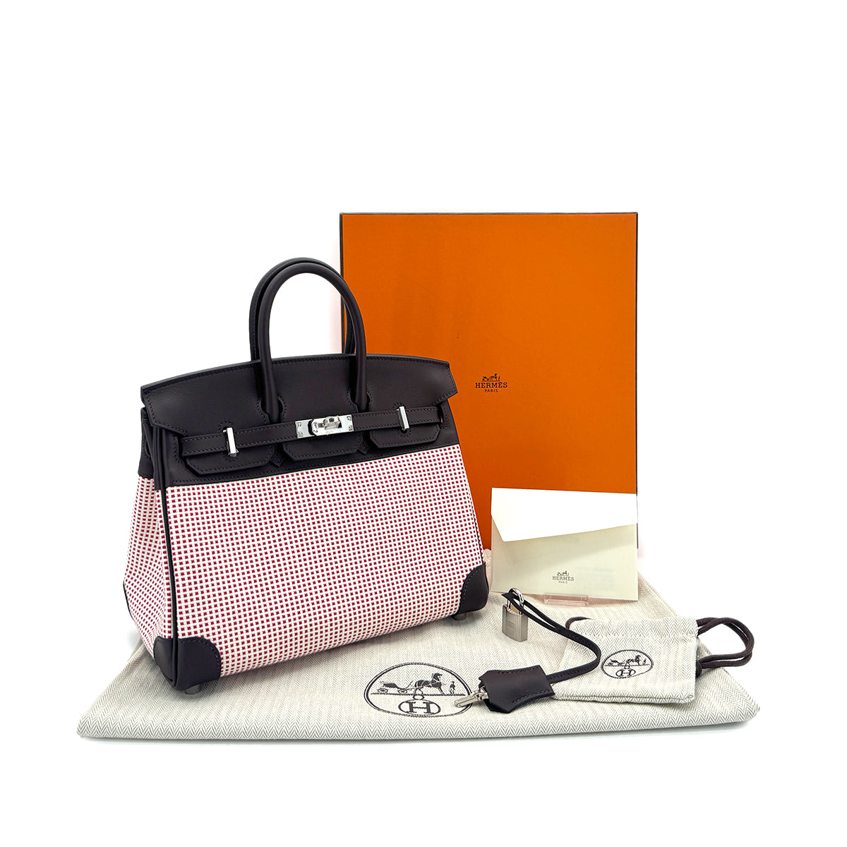 HERMES BIRKIN 25 ROUGE SELLIER ECRU FRAMBOISE VEAU SWIFT TOILE QUADRILLE HAND BAG B SHW 90294966
