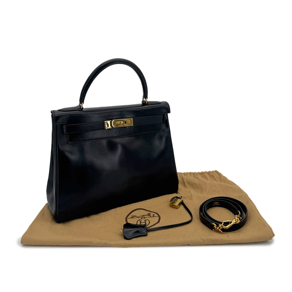 HERMES KELLY 28 RETOURNE BLACK BOXCALF HAND SHOULDER BAG 〇U GHW 90294968