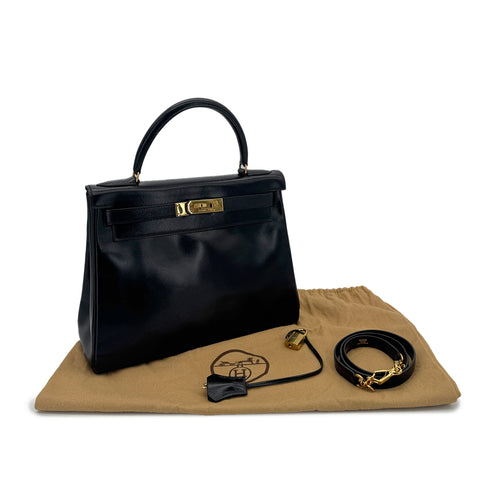 HERMES KELLY 28 RETOURNE BLACK BOXCALF HAND SHOULDER BAG 〇U GHW 90294968 - PURPOSE