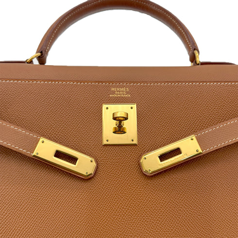 HERMES KELLY 32 SELLIER GOLD COUCHVEL HAND SHOULDER BAG 〇Z GHW 90294970 - PURPOSE