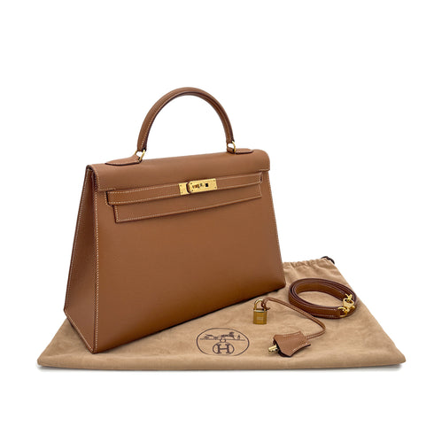 HERMES KELLY 32 SELLIER GOLD COUCHVEL HAND SHOULDER BAG 〇Z GHW 90294970 - PURPOSE