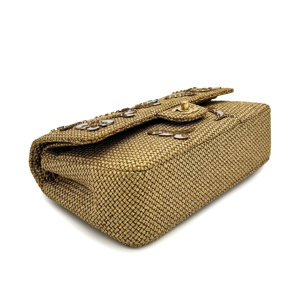 CHANEL MATELASSE FLORAL MOTIF MIRROR CRUISE COLLECTION CHAIN SHOULDER BAG GOLD EMBELLISHED RAFFIA 90294979