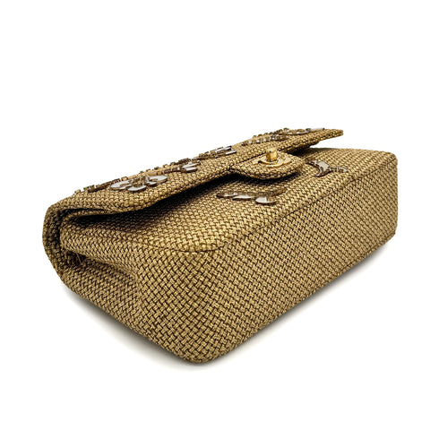 CHANEL MATELASSE FLORAL MOTIF MIRROR CRUISE COLLECTION CHAIN SHOULDER BAG GOLD EMBELLISHED RAFFIA 90294979 - PURPOSE