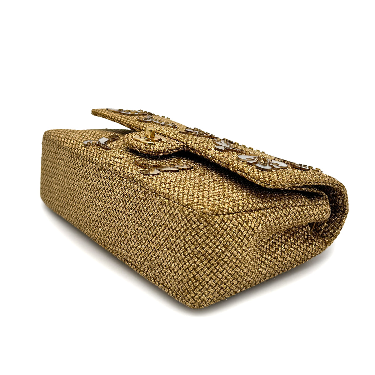 CHANEL MATELASSE FLORAL MOTIF MIRROR CRUISE COLLECTION CHAIN SHOULDER BAG GOLD EMBELLISHED RAFFIA 90294979
