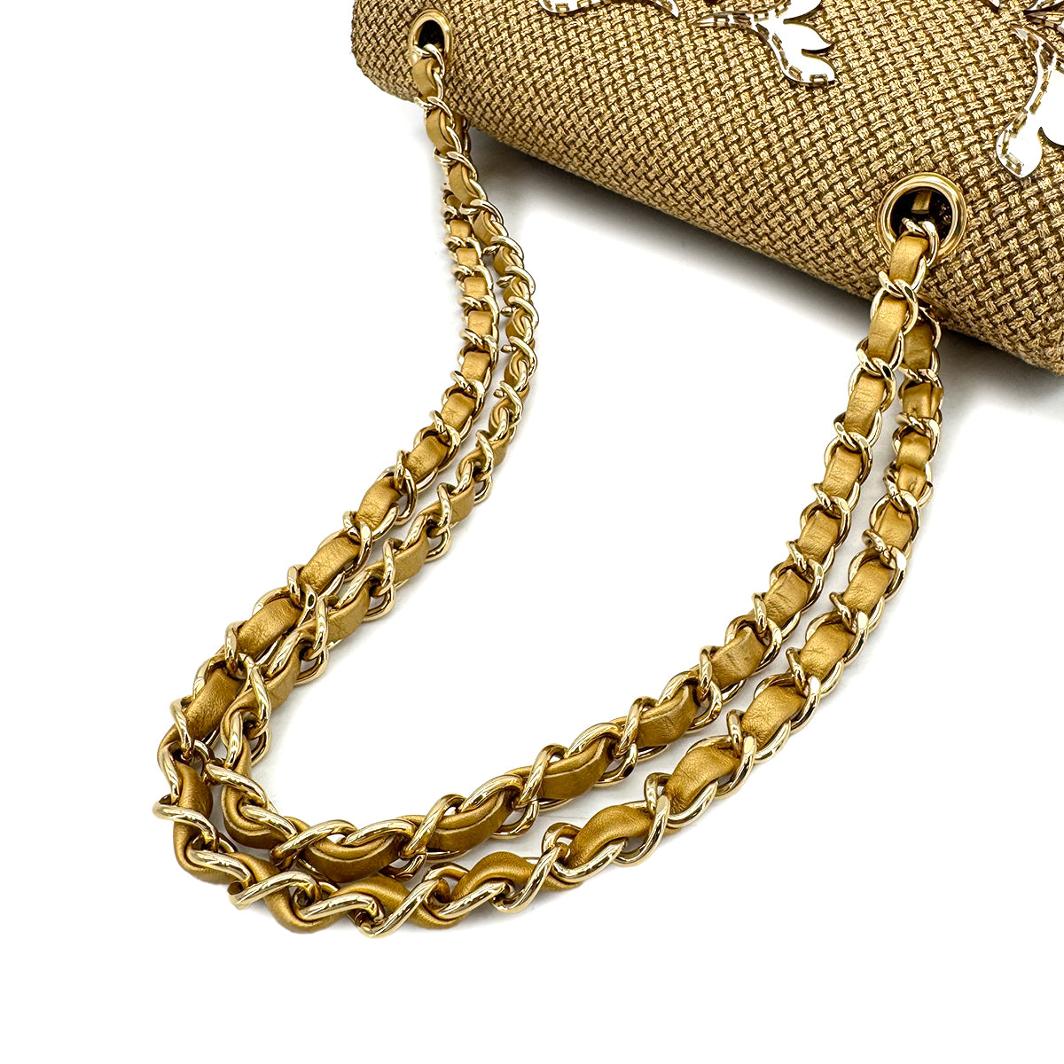 CHANEL MATELASSE FLORAL MOTIF MIRROR CRUISE COLLECTION CHAIN SHOULDER BAG GOLD EMBELLISHED RAFFIA 90294979
