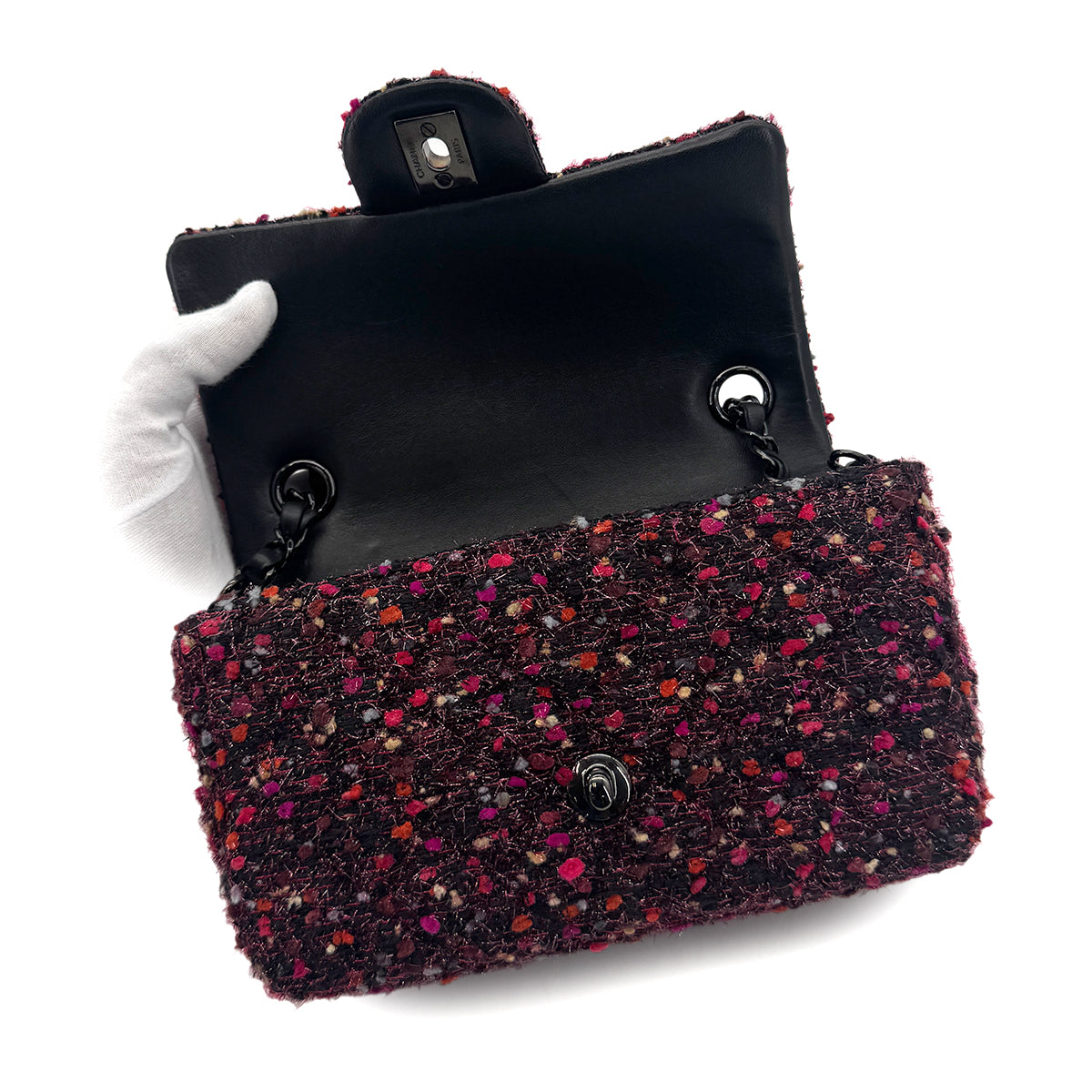 CHANEL MINI MATELASSE 20 CHAIN SHOULDER BAG BLACK PINK TWEED 90294980
