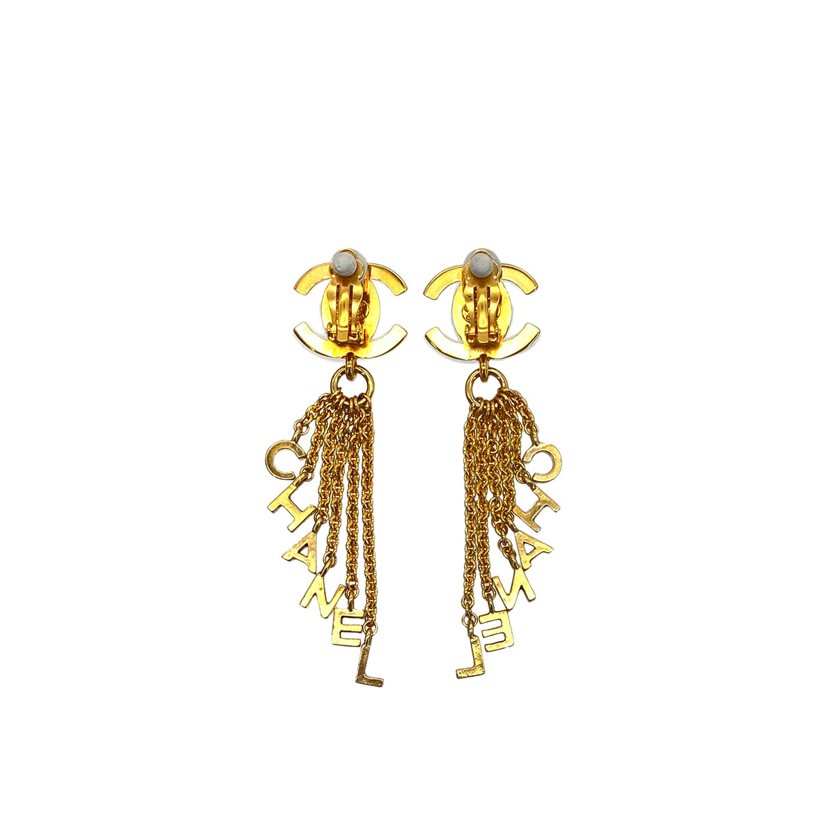 CHANEL VINTAGE SWING EARRINGS TURN LOCK LOGO CHAIN ACCESSORY GOLD 96P 90294998