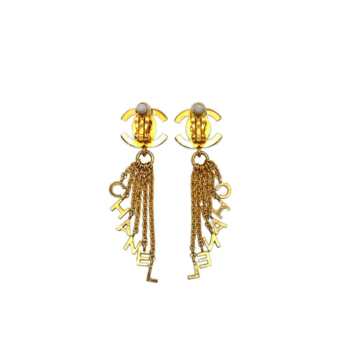 CHANEL VINTAGE SWING EARRINGS TURN LOCK LOGO CHAIN ACCESSORY GOLD 96P 90294998