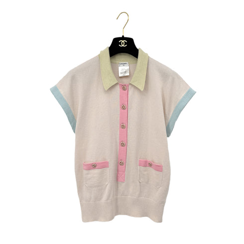 CHANEL COCO BUTTON SHORT SLEEVE KNIT TOPS MULTICOLOR CASHMERE 42 P40 RTW 90295132