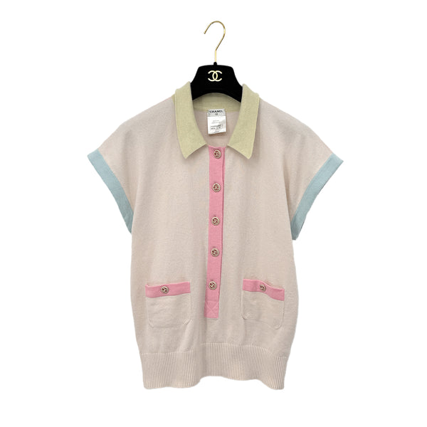 CHANEL COCO BUTTON SHORT SLEEVE KNIT TOPS MULTICOLOR CASHMERE 42 P40 RTW 90295132