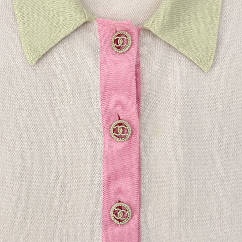 CHANEL COCO BUTTON SHORT SLEEVE KNIT TOPS MULTICOLOR CASHMERE 42 P40 RTW 90295132