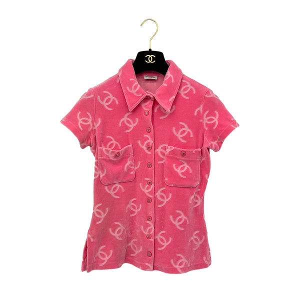 CHANEL VINTAGE COCOMARK VELOR SHORT SLEEVE TOPS COCO BUTTON PINK COTTON RTW 90295133