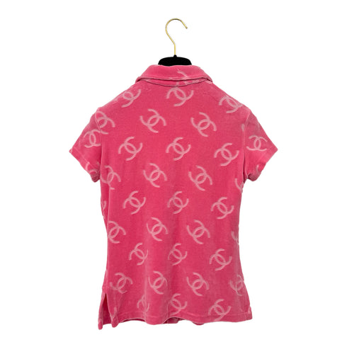 CHANEL VINTAGE COCOMARK VELOR SHORT SLEEVE TOPS COCO BUTTON PINK COTTON RTW 90295133