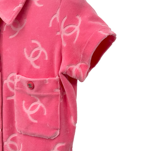 CHANEL VINTAGE COCOMARK VELOR SHORT SLEEVE TOPS COCO BUTTON PINK COTTON RTW 90295133