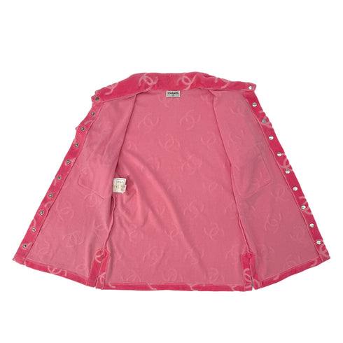CHANEL VINTAGE COCOMARK VELOR SHORT SLEEVE TOPS COCO BUTTON PINK COTTON RTW 90295133