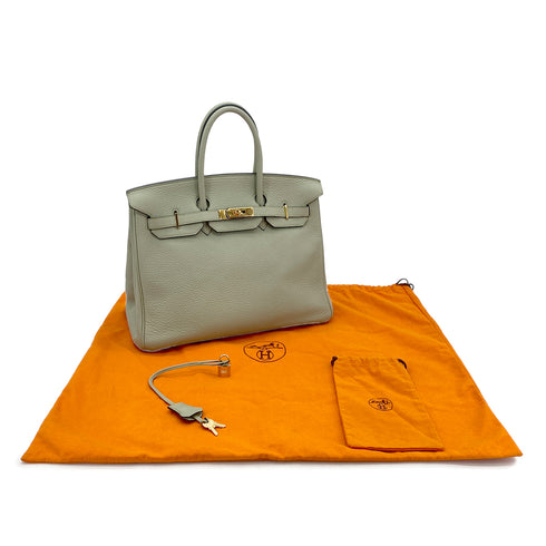 HERMES BIRKIN 35 LIGHT GREEN TAURILLON CLEMENCE HAND BAG ▢G GOLD HARDWARE 90295401 - PURPOSE
