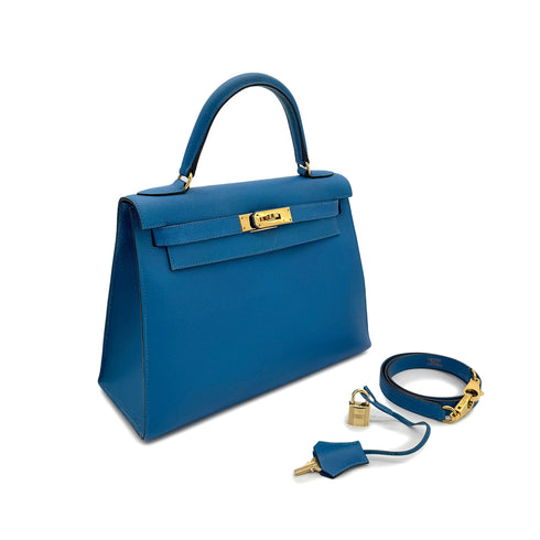 HERMES KELLY 28 SELLIER BLEU FRANCE VEAU EPSOM HAND SHOULDER BAG □O GHW 90295407 - PURPOSE