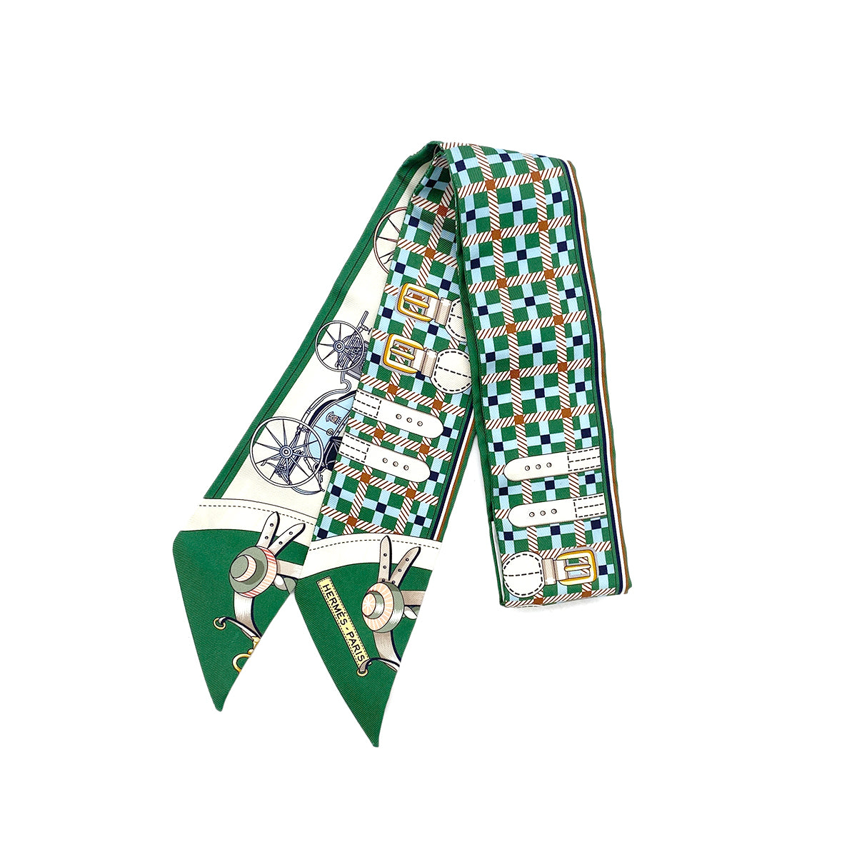 HERMES TWILLY LES VOITURES NOUVELLES SCARF GREEN SILK 90295743