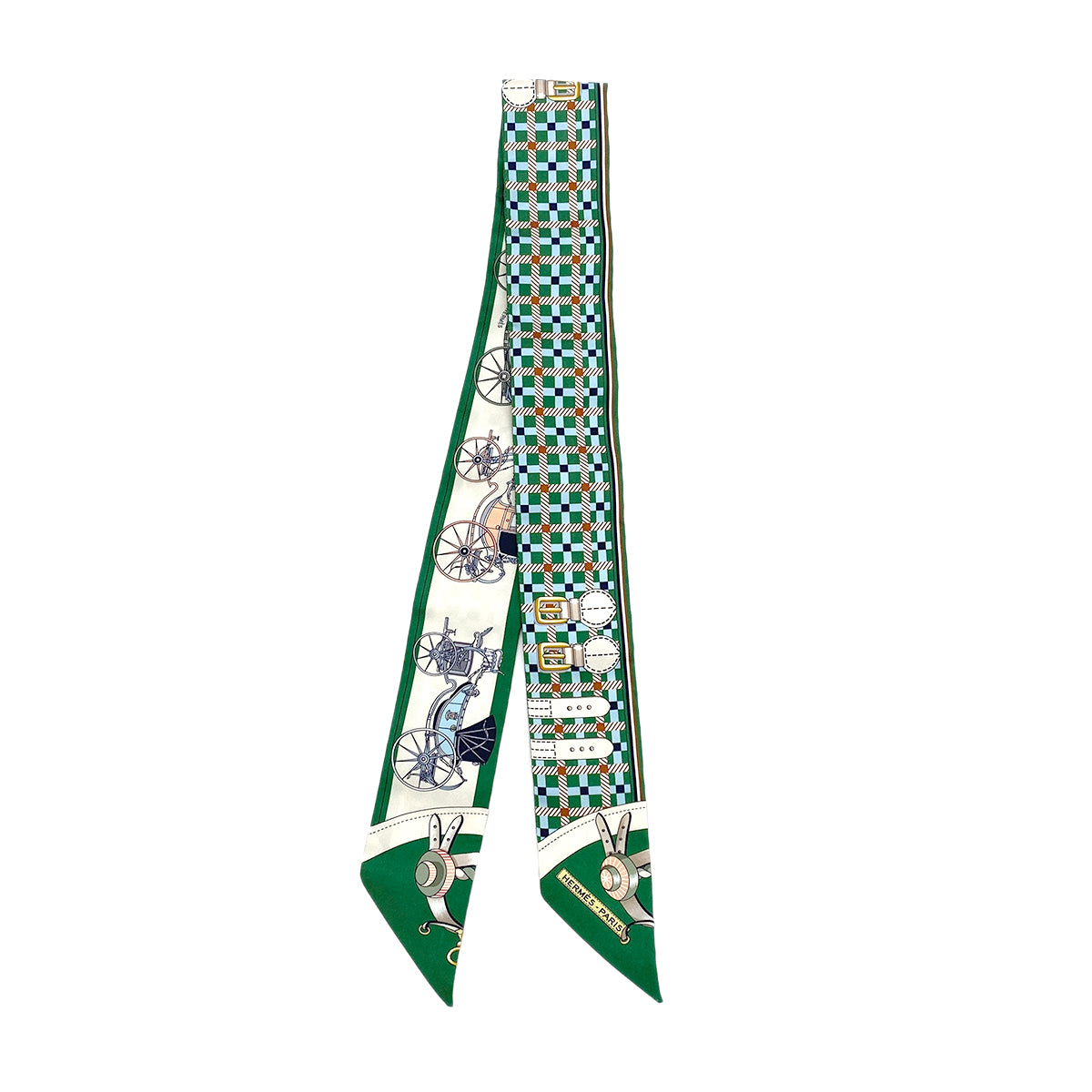HERMES TWILLY LES VOITURES NOUVELLES SCARF GREEN SILK 90295743