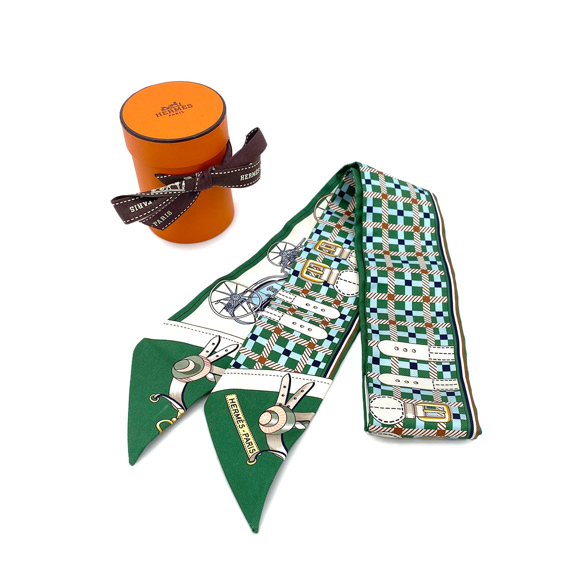 HERMES TWILLY LES VOITURES NOUVELLES SCARF GREEN SILK 90295743