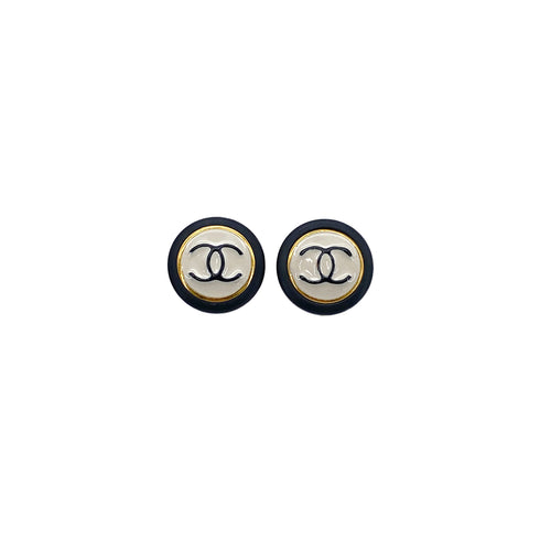 CHANEL VINTAGE EARRINGS COCOMARK ROUND BLACK WHITE GOLD ACCESSORY 96P 90295748