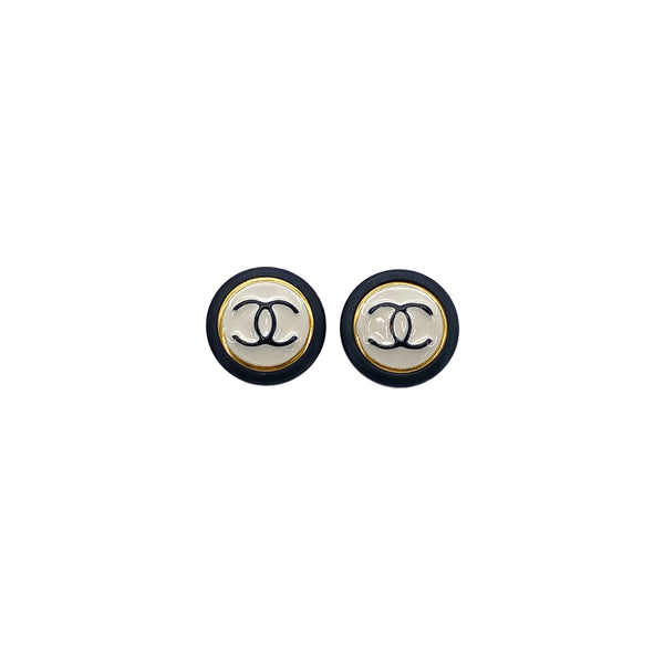 CHANEL VINTAGE EARRINGS COCOMARK ROUND BLACK WHITE GOLD ACCESSORY 96P 90295748