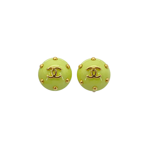 CHANEL VINTAGE EARRINGS COCOMARK ROUND LIGHT GREEN GOLD ACCESSORY 96C 90295750