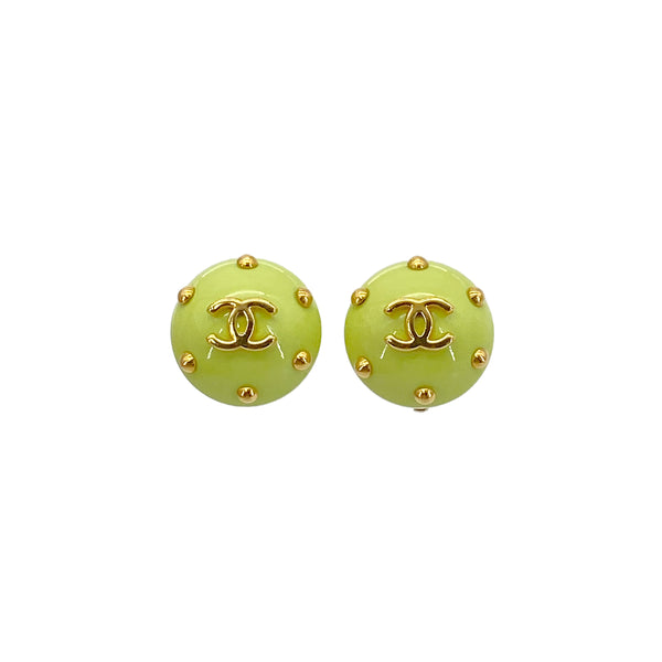 CHANEL VINTAGE EARRINGS COCOMARK ROUND LIGHT GREEN GOLD ACCESSORY 96C 90295750