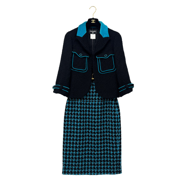 CHANEL JACKET SKIRT SET LOGO BUTTON BLUE BLACK WOOL 38 07A RTW 90295763