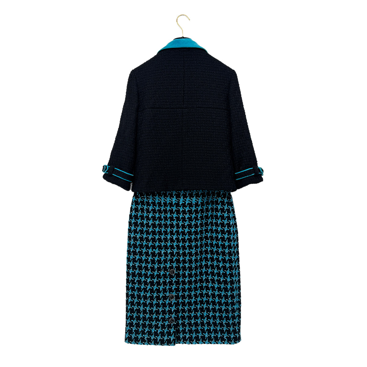 CHANEL JACKET SKIRT SET LOGO BUTTON BLUE BLACK WOOL 38 07A RTW 90295763