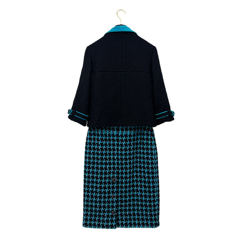 CHANEL JACKET SKIRT SET LOGO BUTTON BLUE BLACK WOOL 38 07A RTW 90295763