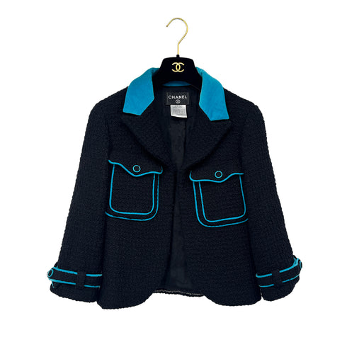 CHANEL JACKET SKIRT SET LOGO BUTTON BLUE BLACK WOOL 38 07A RTW 90295763