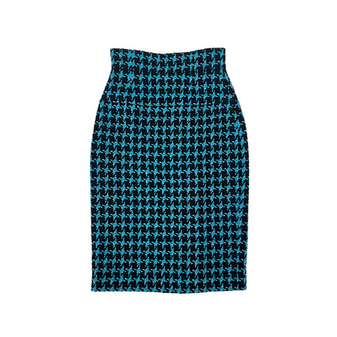 CHANEL JACKET SKIRT SET LOGO BUTTON BLUE BLACK WOOL 38 07A RTW 90295763