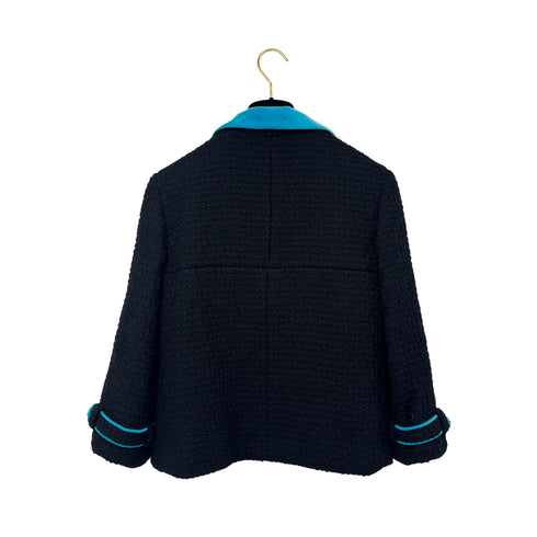 CHANEL JACKET SKIRT SET LOGO BUTTON BLUE BLACK WOOL 38 07A RTW 90295763