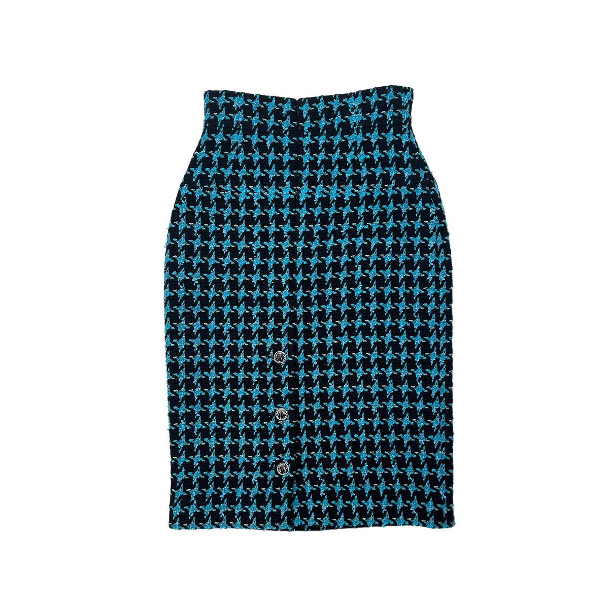 CHANEL JACKET SKIRT SET LOGO BUTTON BLUE BLACK WOOL 38 07A RTW 90295763