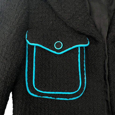 CHANEL JACKET SKIRT SET LOGO BUTTON BLUE BLACK WOOL 38 07A RTW 90295763