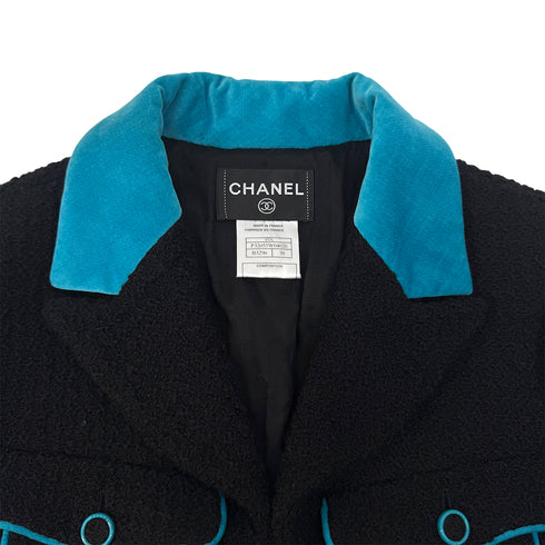 CHANEL JACKET SKIRT SET LOGO BUTTON BLUE BLACK WOOL 38 07A RTW 90295763