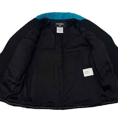 CHANEL JACKET SKIRT SET LOGO BUTTON BLUE BLACK WOOL 38 07A RTW 90295763