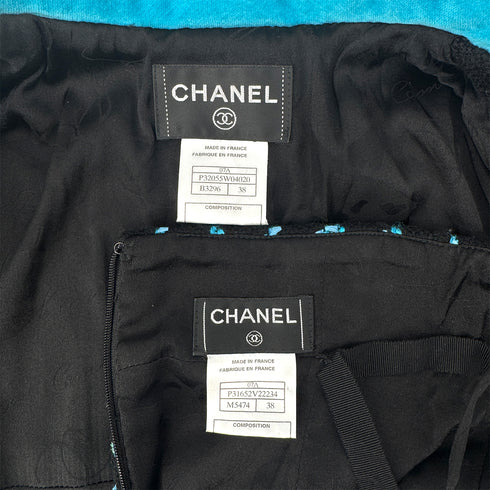 CHANEL JACKET SKIRT SET LOGO BUTTON BLUE BLACK WOOL 38 07A RTW 90295763