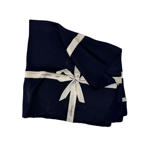 CHANEL VINTAGE SCARF LOGO RIBBON NAVY WHITE SILK 90295818 - PURPOSE