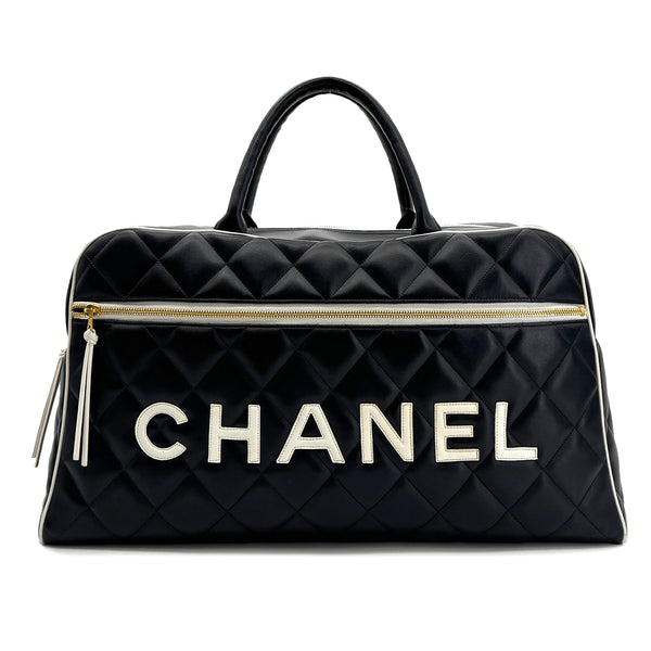 CHANEL VINTAGE MATELASSE LOGO BOSTON HAND BAG BLACK WHITE LEATHER 90295830 - PURPOSE